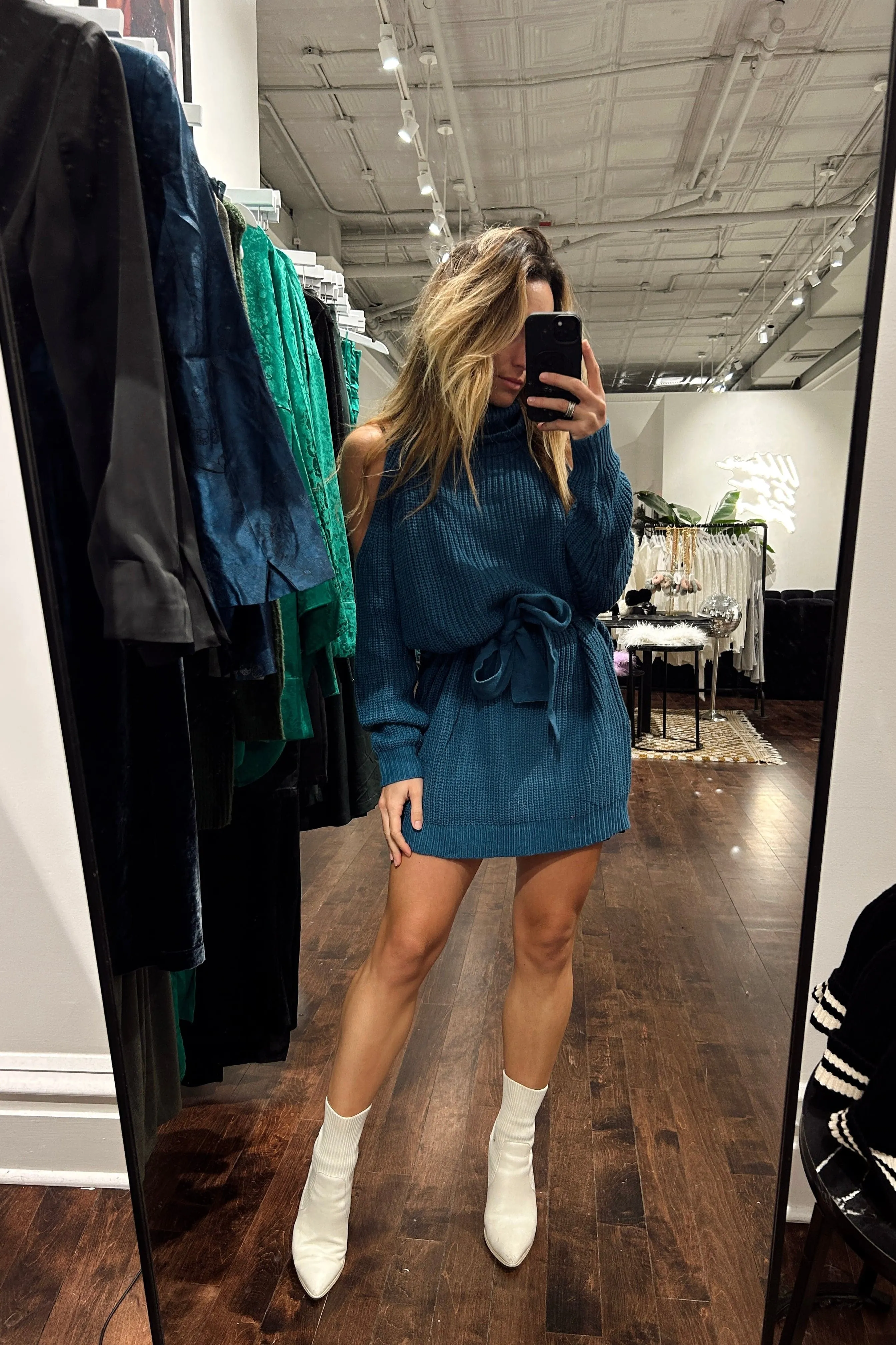 Vintage feel Essential Style Jeni Teal Mini Sweater Dress