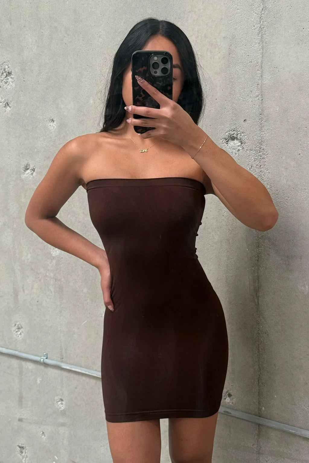 Cozy Look Raw-Hem Norma Brown Strapless Under Dress
