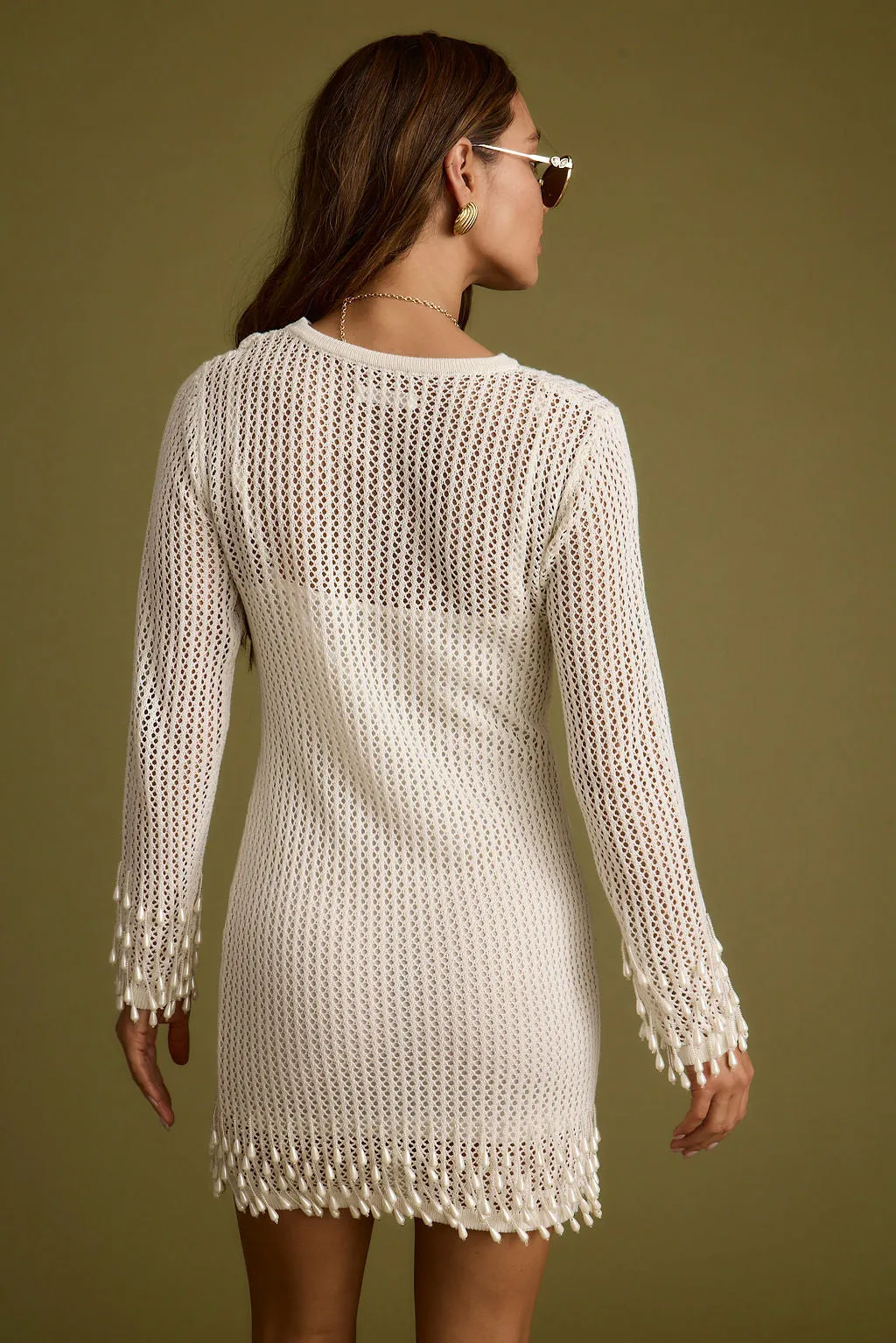 solo wear Plata Embellished Cream Knit Mini Dress