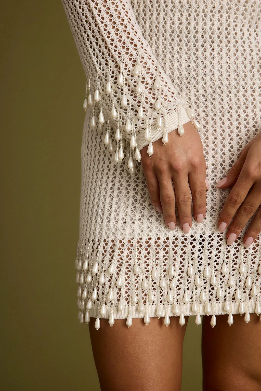Classic Fit Plata Embellished Cream Knit Mini Dress