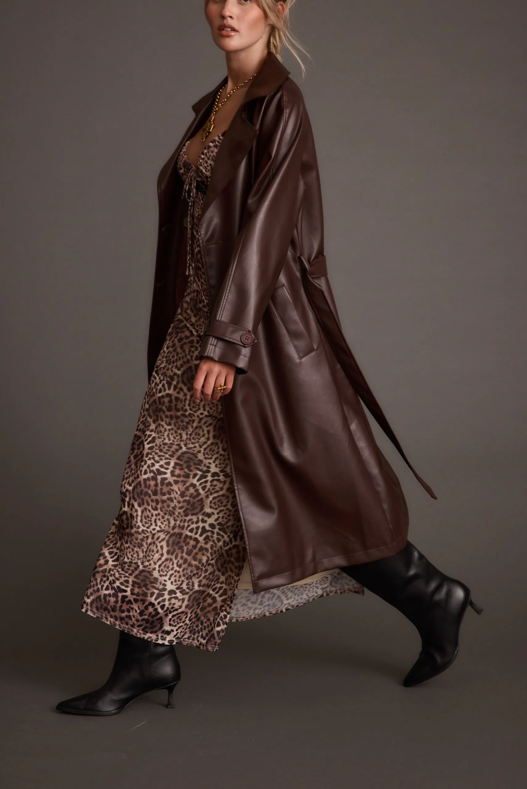 Brynne Faux Leather Mahogany Brown Trench DualLayer Weave