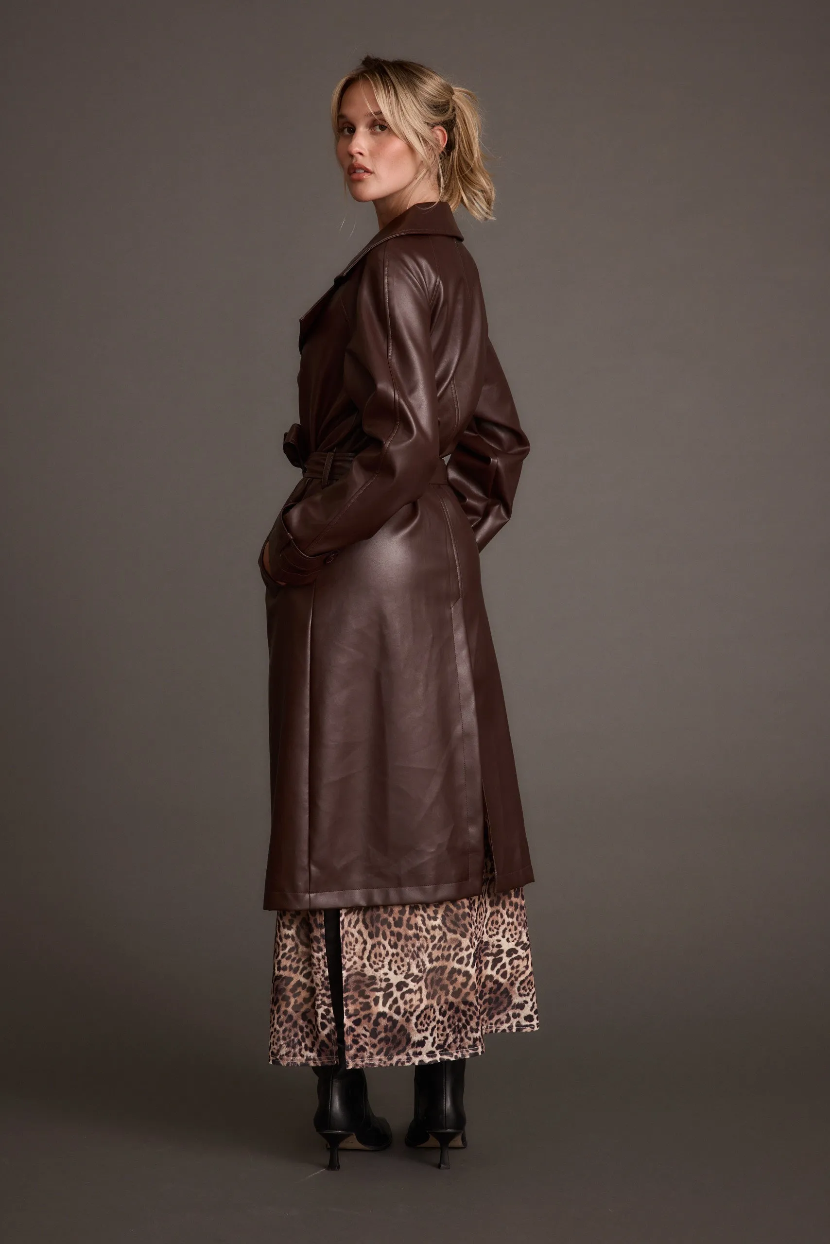 Easy Care Finish Brynne Faux Leather Mahogany Brown Trench