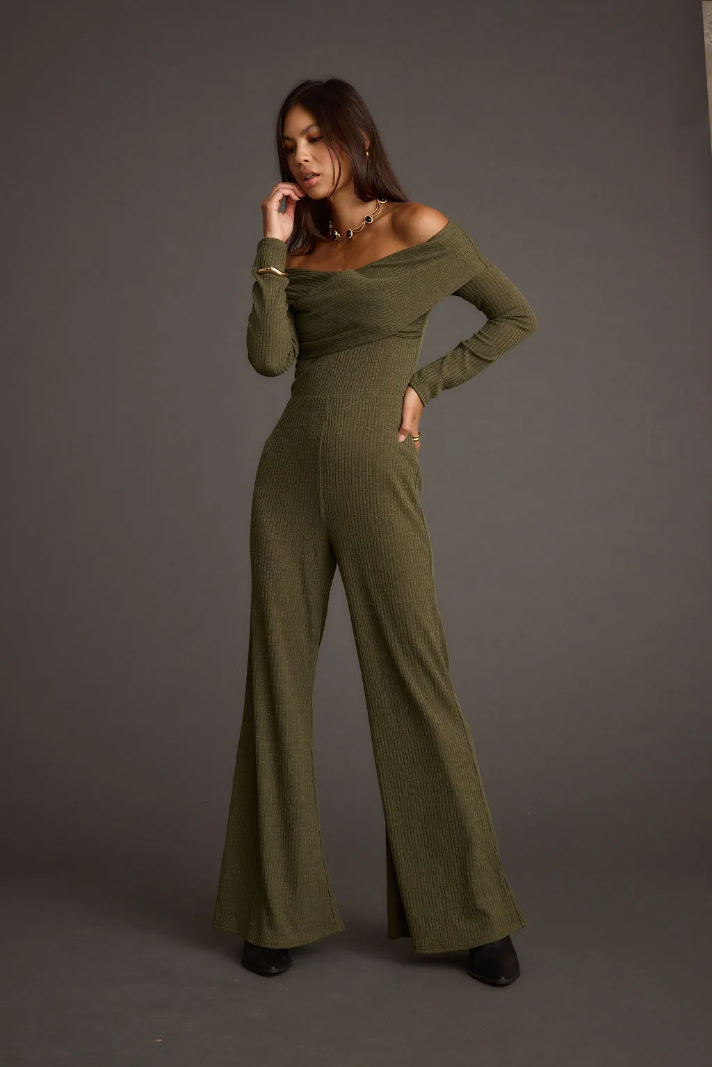 Greenwich Olive Knit Off The Shoulder Jumpsuit Polished look dress