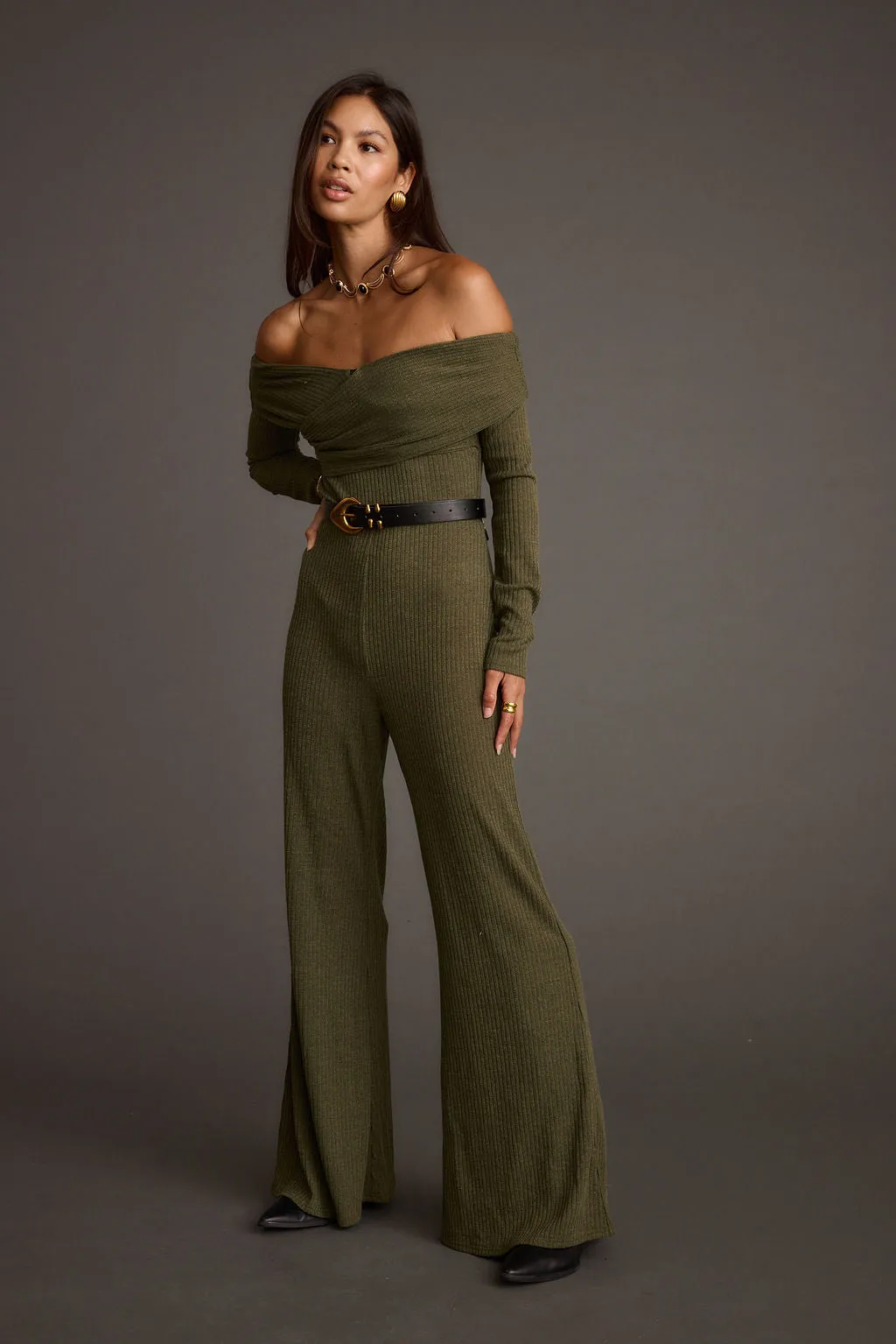 Style Vibes Greenwich Olive Knit Off The Shoulder Jumpsuit