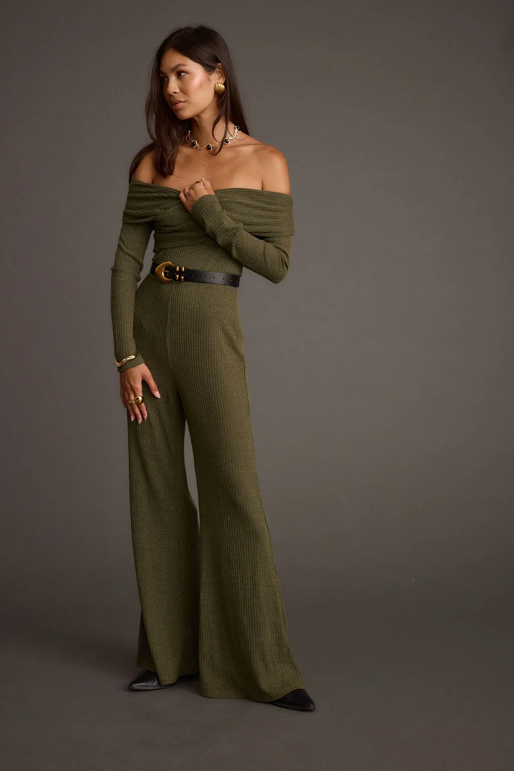 Greenwich Olive Knit Off The Shoulder Jumpsuit Chic Spirit Minimalist-Trend