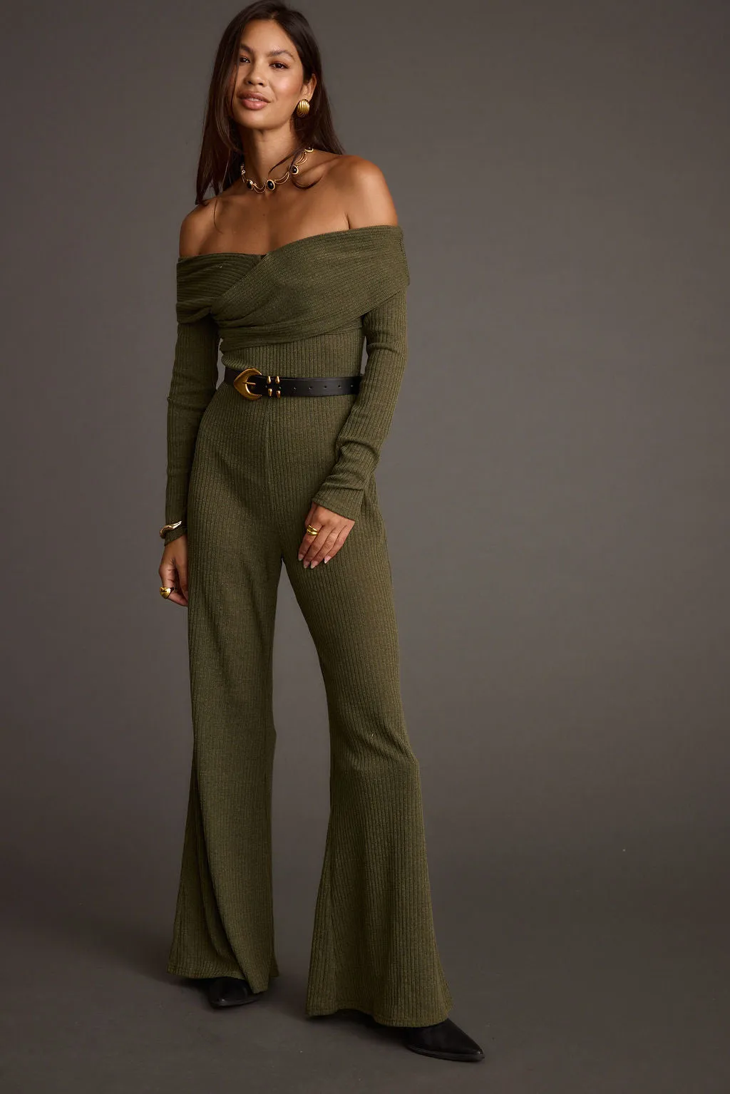 Trend Appeal Greenwich Olive Knit Off The Shoulder Jumpsuit