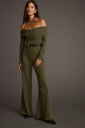 Trend Appeal Greenwich Olive Knit Off The Shoulder Jumpsuit