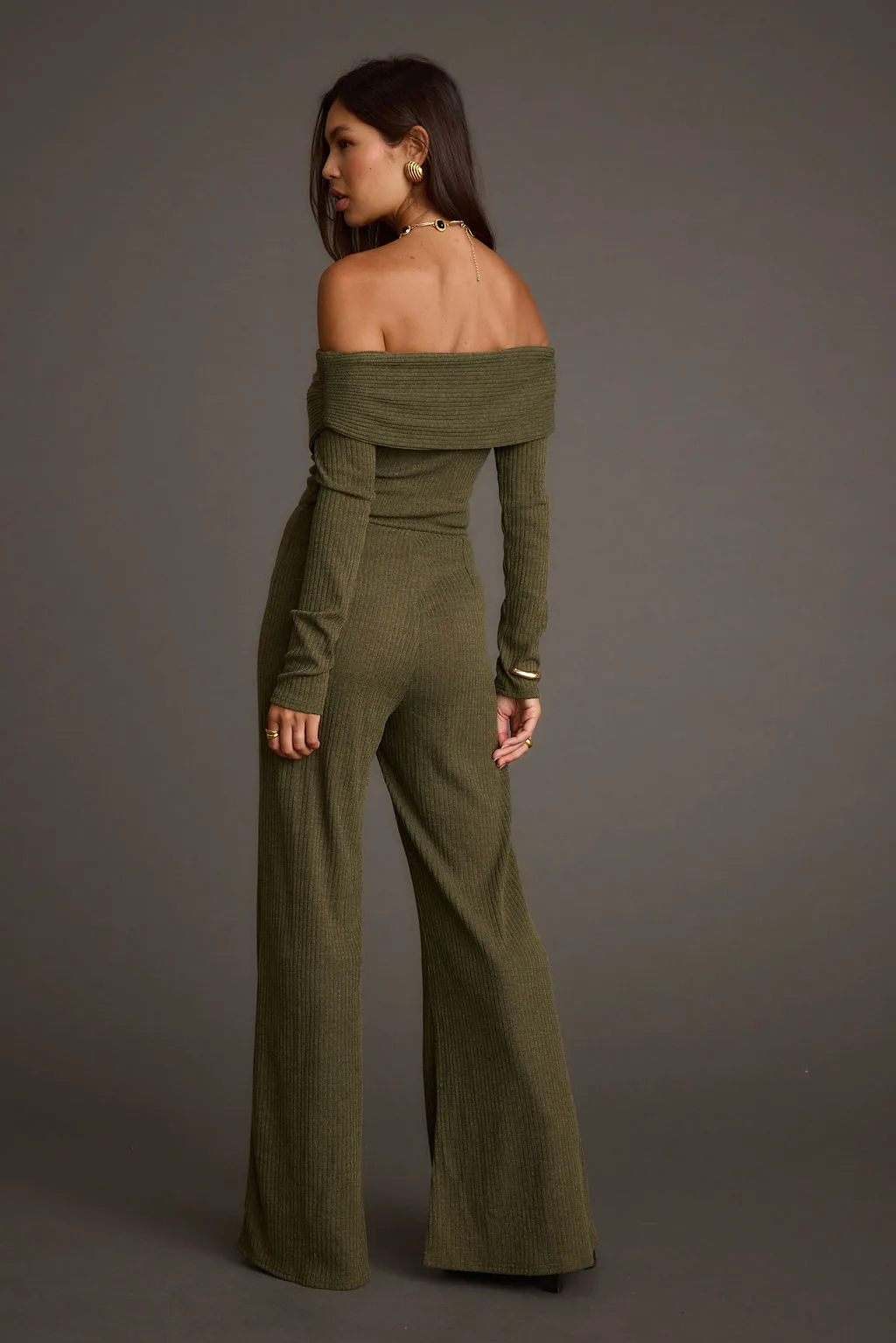 NoiseFreeFabric Greenwich Olive Knit Off The Shoulder Jumpsuit