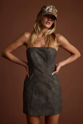 Classic Touch Smokeshow Embroidered Vegan Leather Strapless Mini Dress