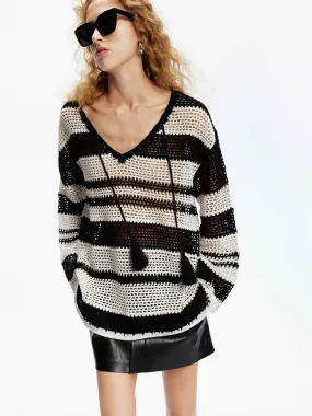 Relaxed Comfort Wear Winter-Ready Fashion Crochet Knit Stripe Sweater