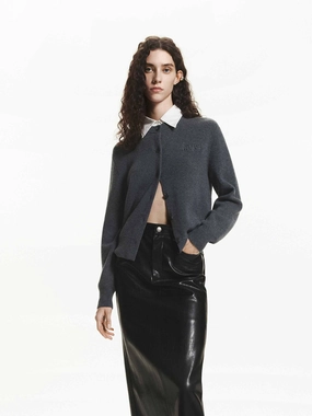 Contrast Collar Wool Cardigan Cold Comfort Shrink Resistant Treatment