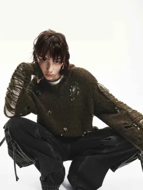 Crystal Detail Distressed Sweater Ribbed Hem Detailing