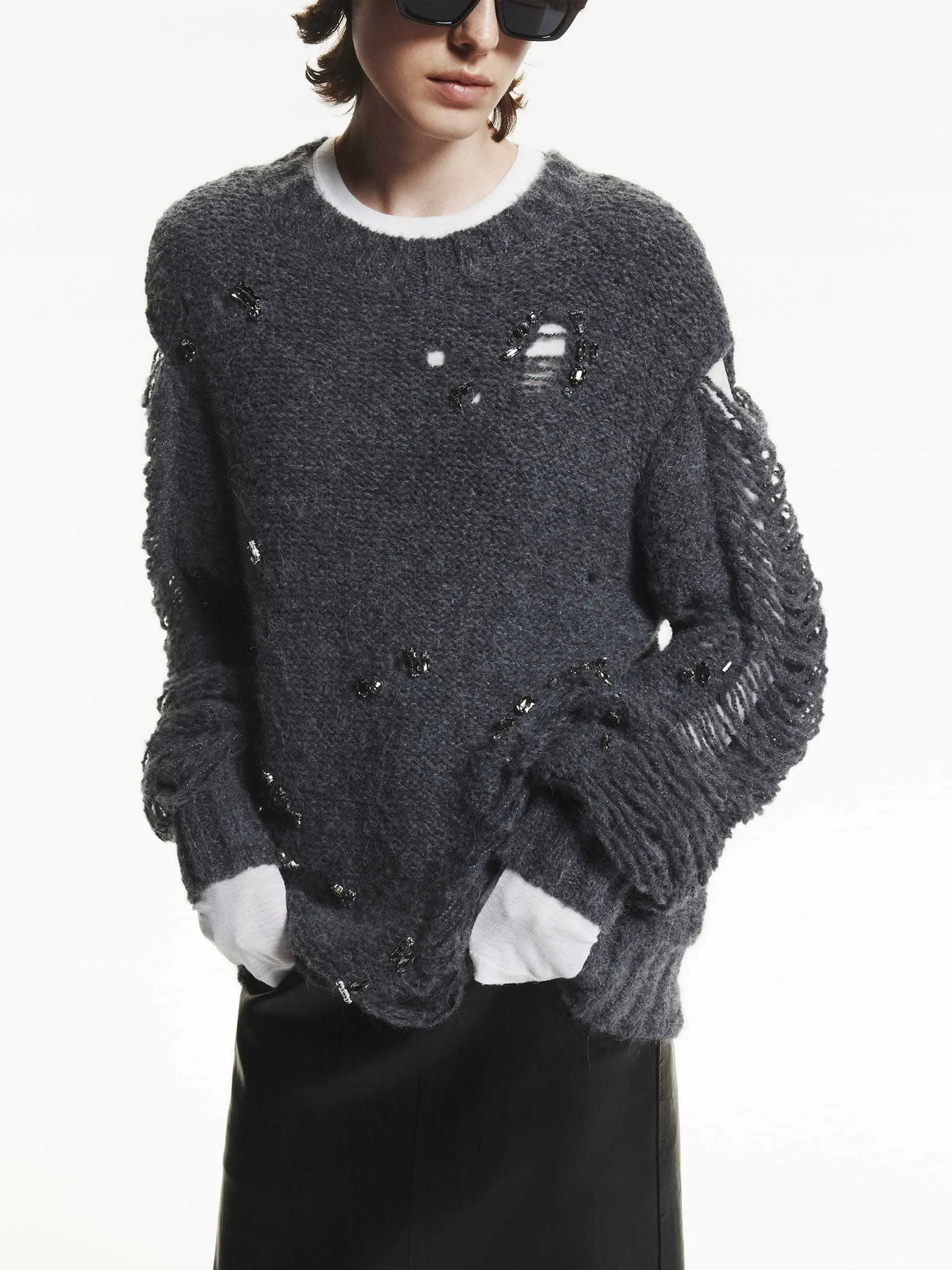 Comfy Design Functional Comfort Crystal Detail Distressed Sweater