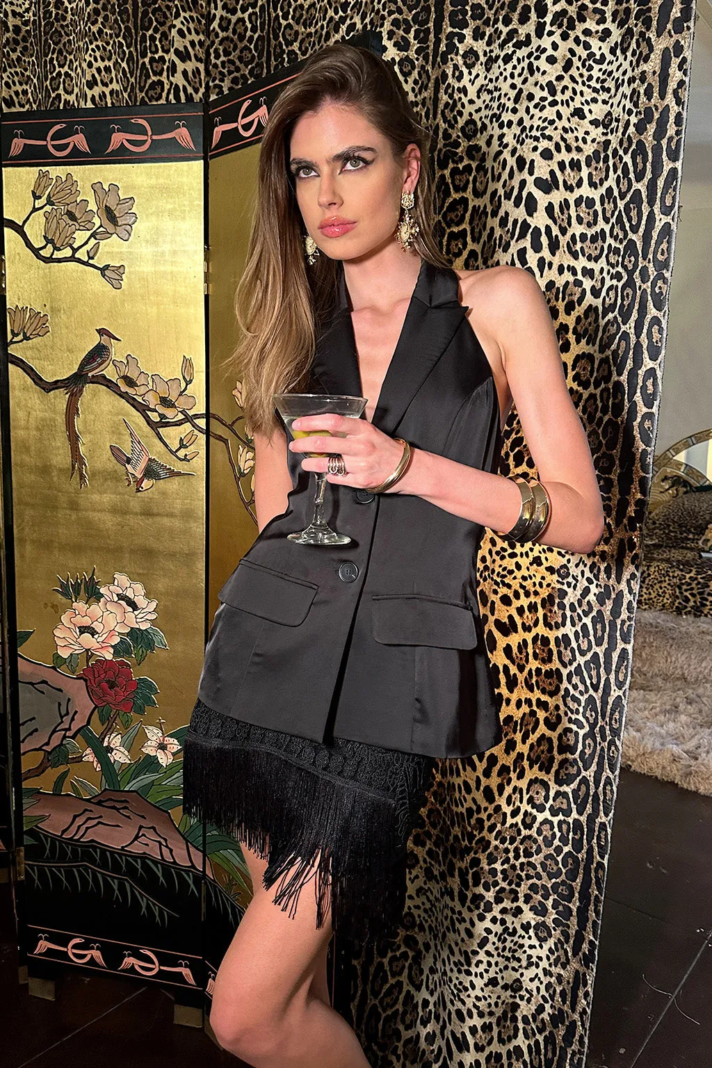 Noir Black Satin Longline Vest LoopwheelFabric