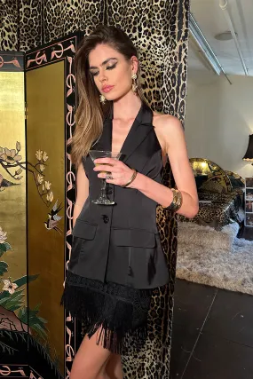 Noir Black Satin Longline Vest Grid Texture Fabric