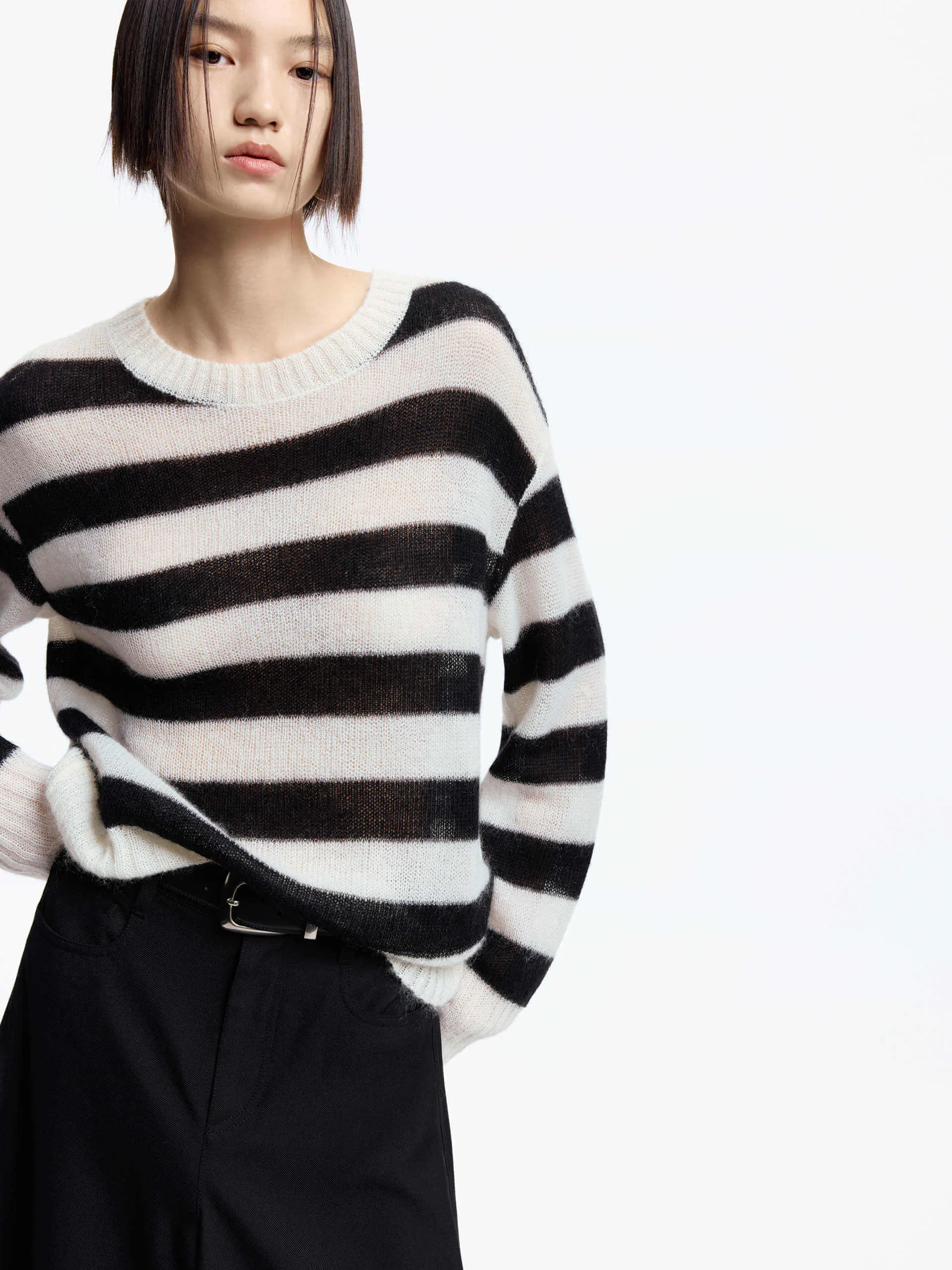 Include Mohair Striped Sweater Cozy Waist Relaxed Style