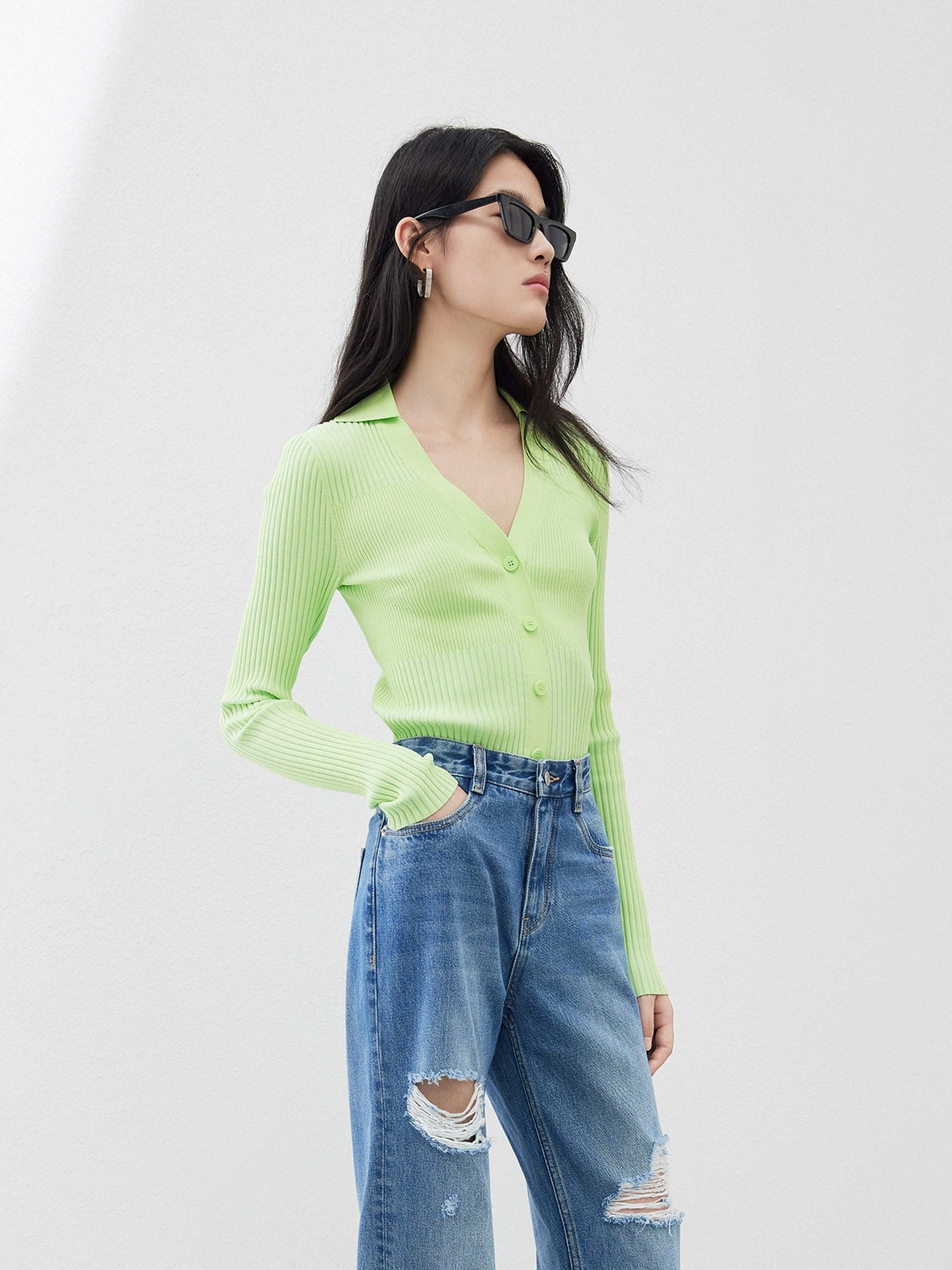 V Neck Ribbed Knit Top Urban Wear Soft Finish