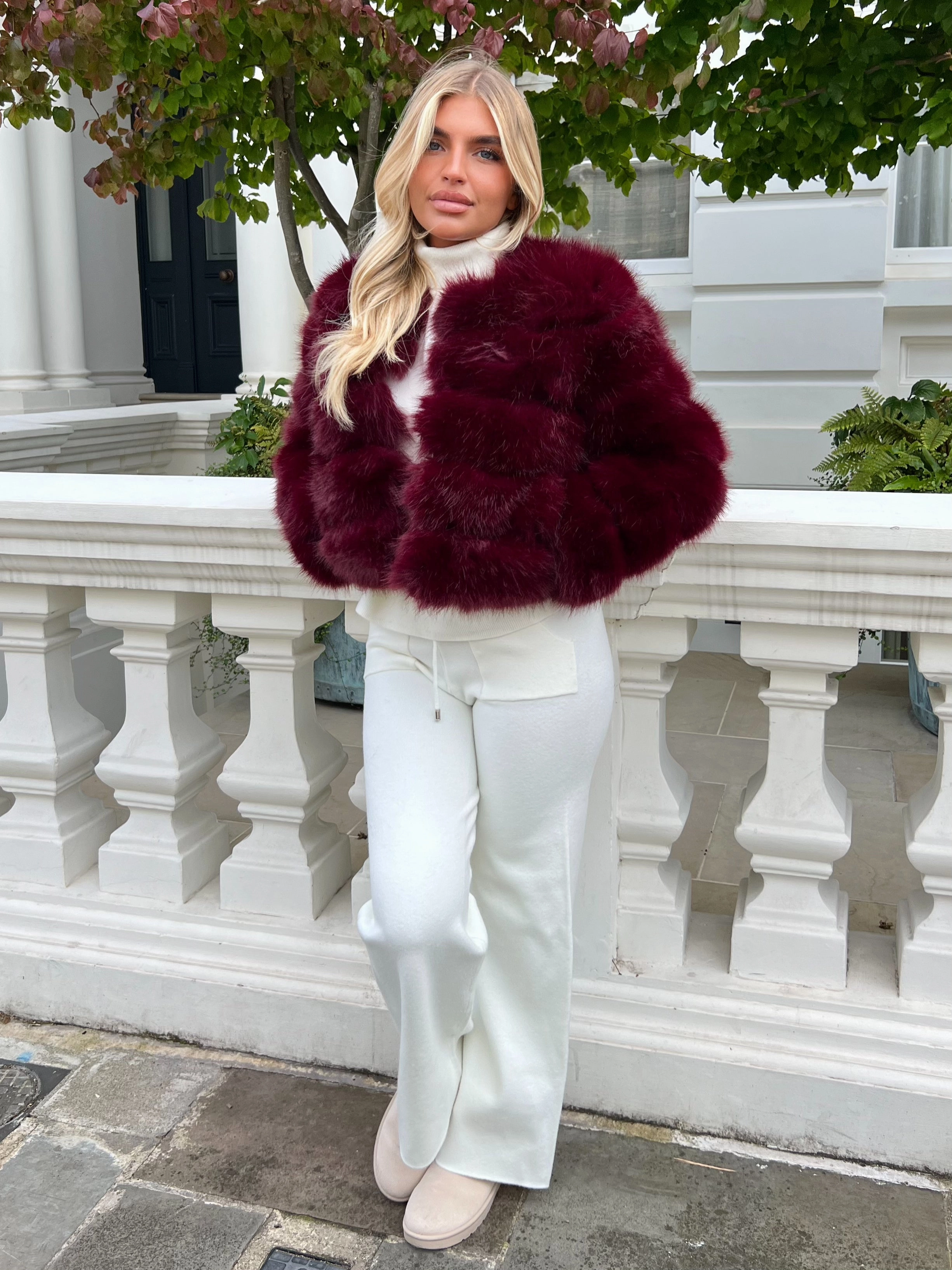 Adjustable Cuff Bonded Closure Mechanism Burgundy Premium Faux Fur Jacket
