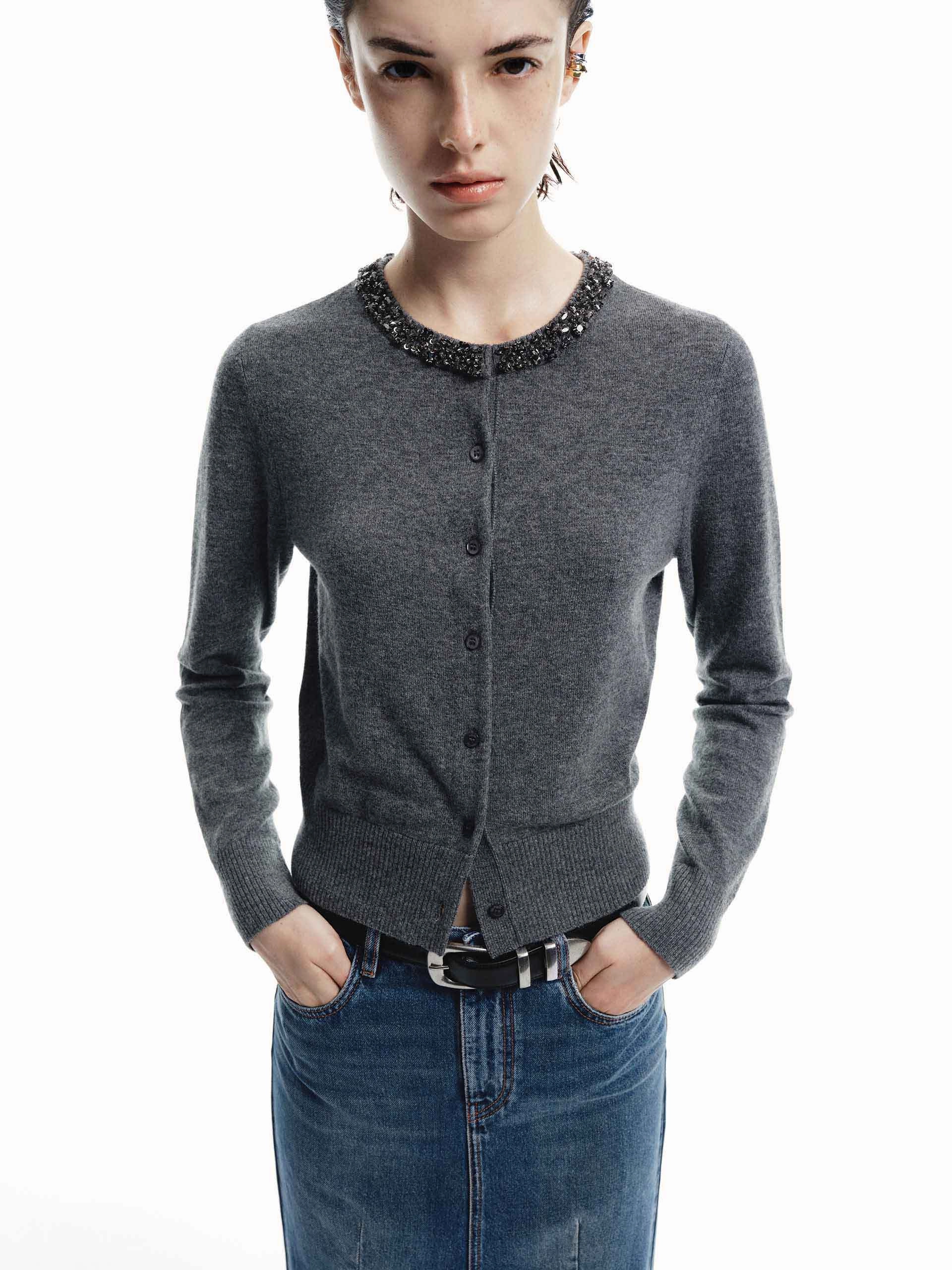 Crystal Collar Knit Cardigan Soft Touch Brushed Surface