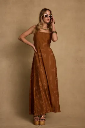 Retro Vibes Mid Season Sol Terracotta Abstract Maxi Dress