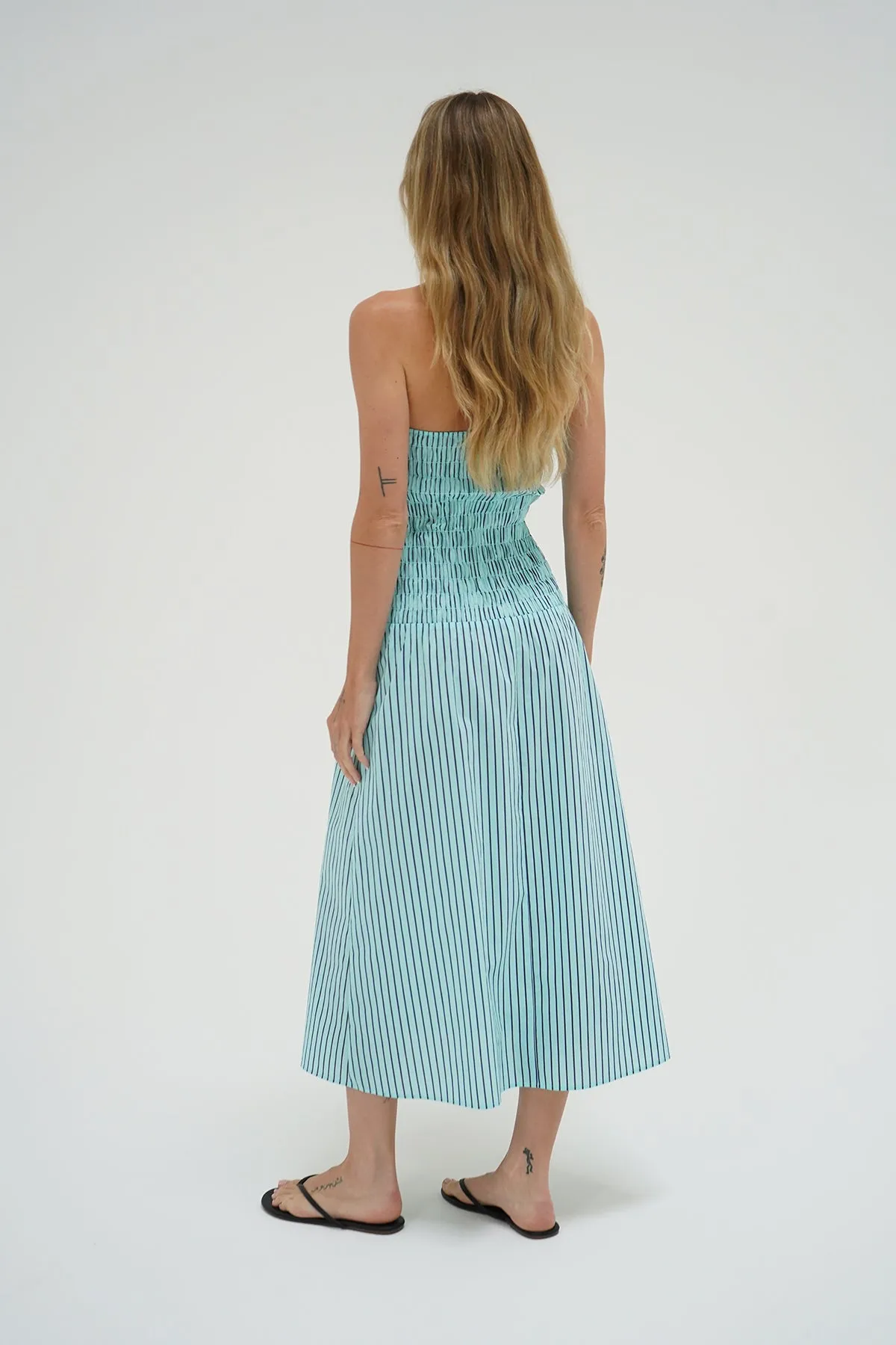 Kapaia Strapless Dress - Teal Navy Stripe Evening Event