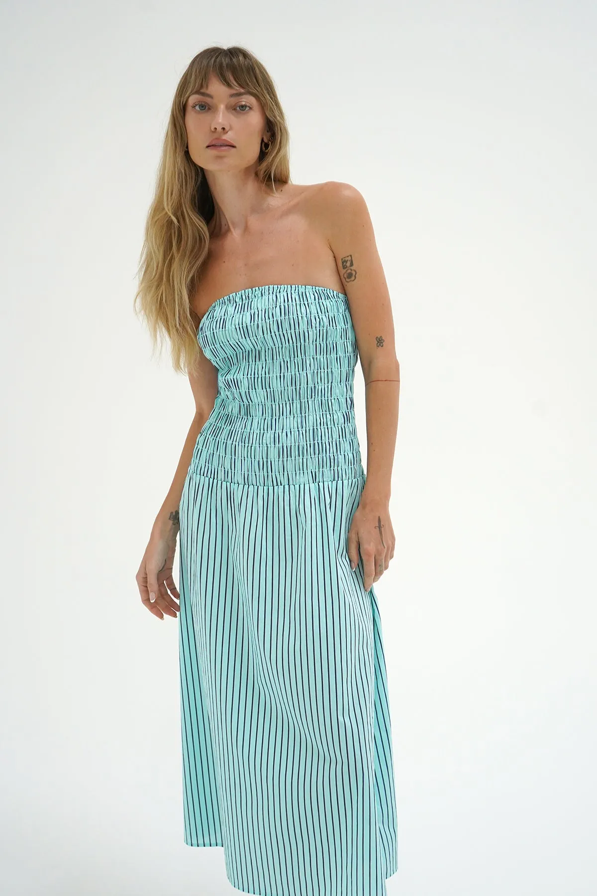 Kapaia Strapless Dress - Teal Navy Stripe effortless grace Button-front
