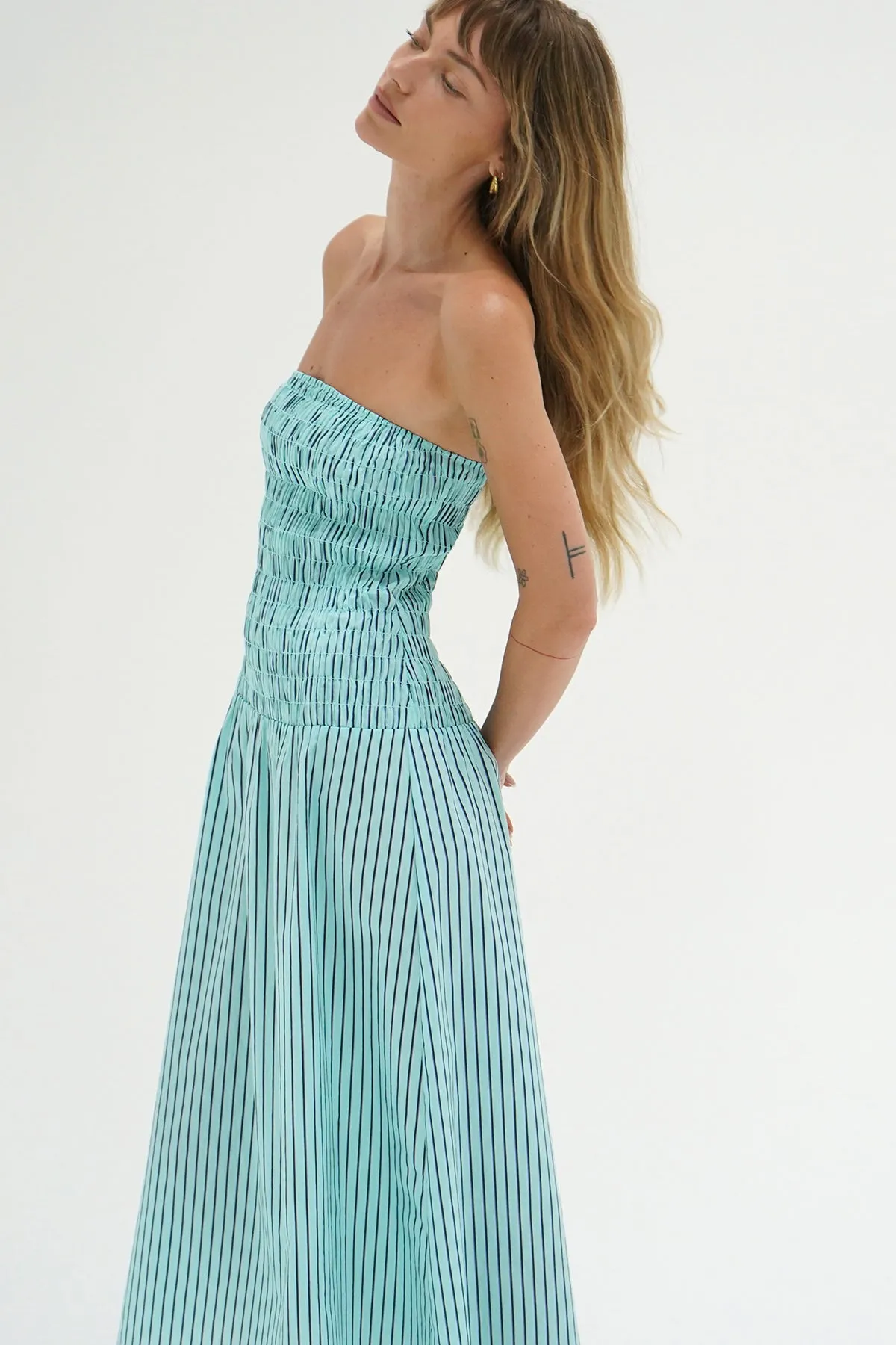 Kapaia Strapless Dress - Teal Navy Stripe Natural Wrap