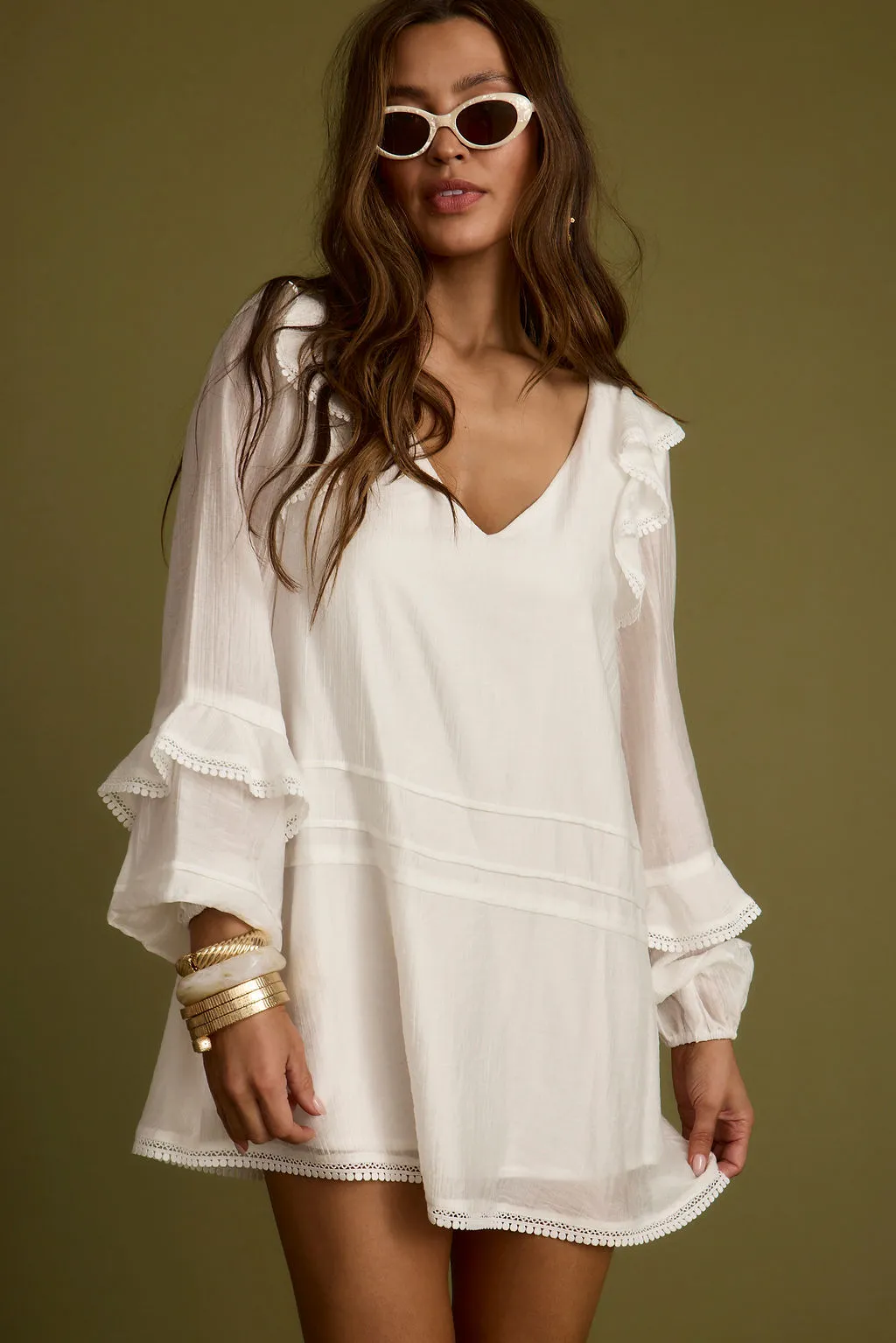 Bound White Long Sleeve Micro Tunic Dress Fair-Trade