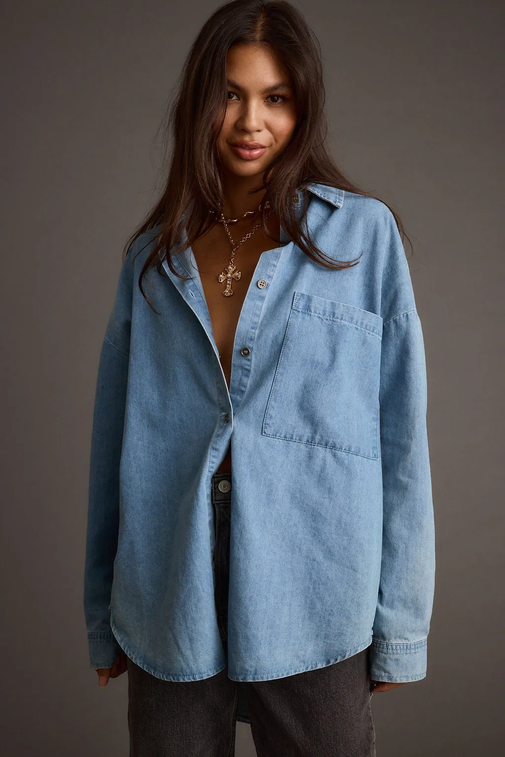 Double Needle Stitching Organza Springsteen Chambray Oversized Button Down Shirt