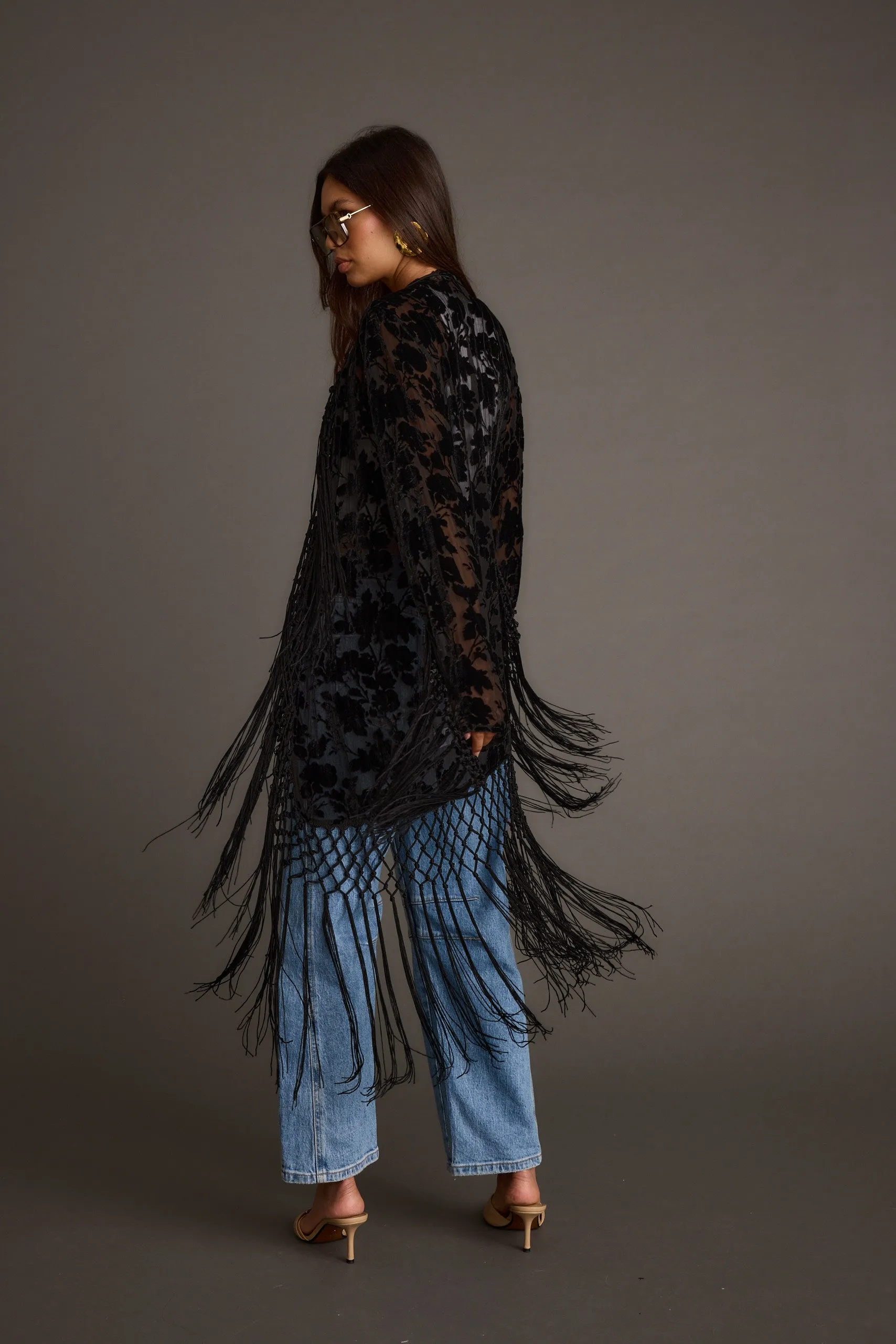 Stone Black Velvet Burnout Kimono Cap