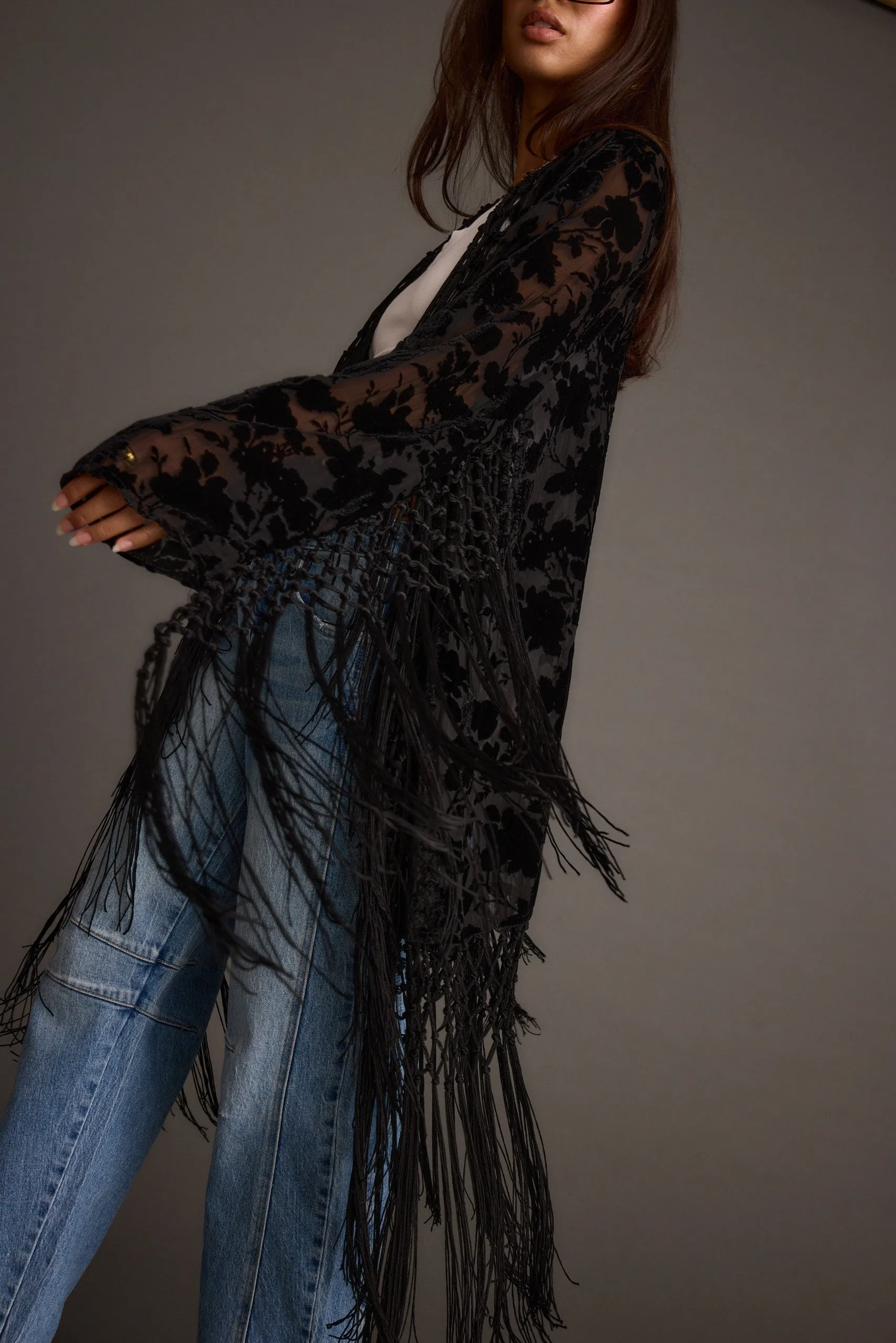 geometric Wrinkle Resistant Texture Stone Black Velvet Burnout Kimono