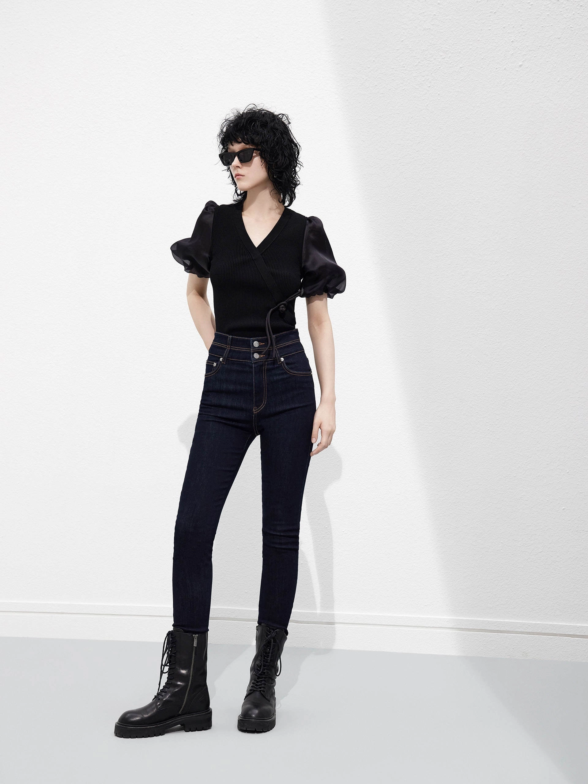 Cropped Puff Sleeves Knit Top QuickDry Technology Day Wear