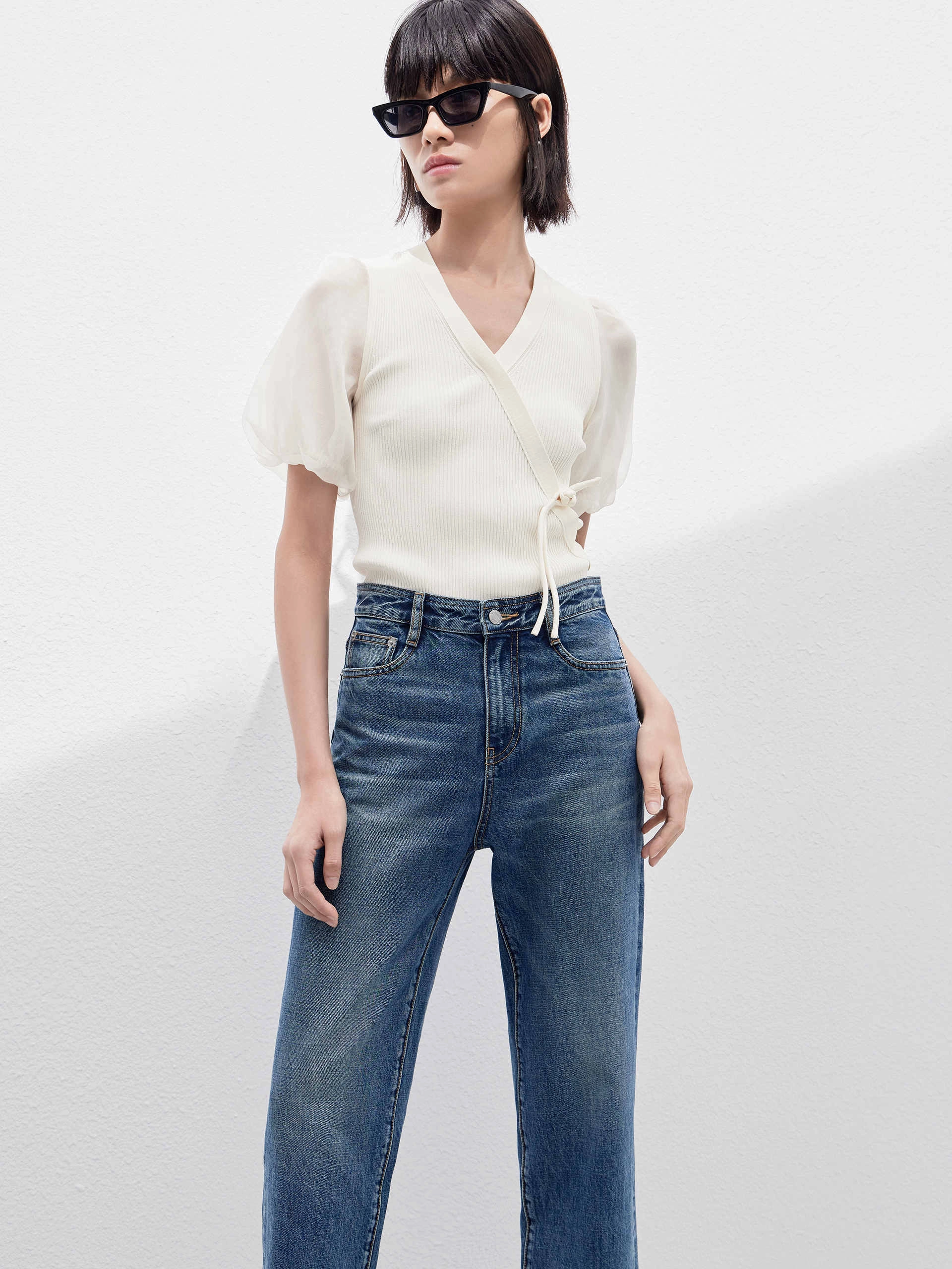 No Season Cozy Interior Fleece Cropped Puff Sleeves Knit Top