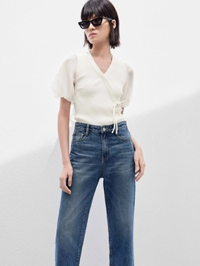 Cropped Puff Sleeves Knit Top Ventilated Panels