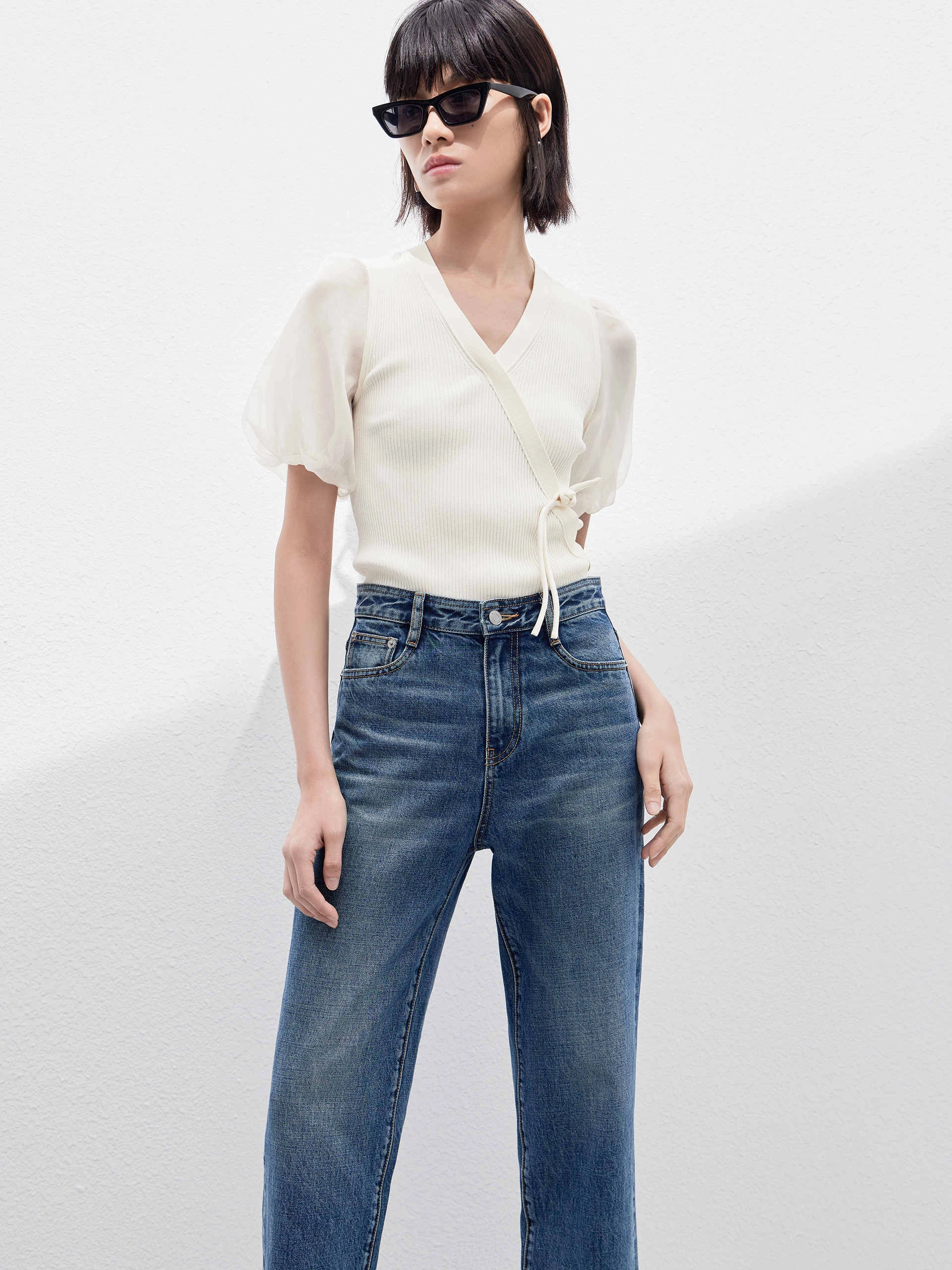 FrictionReduced Sleeve Construction AntiStatic Yarn Cropped Puff Sleeves Knit Top
