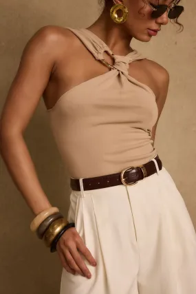 Azula Tan Embellished Halter Top StretchComfort
