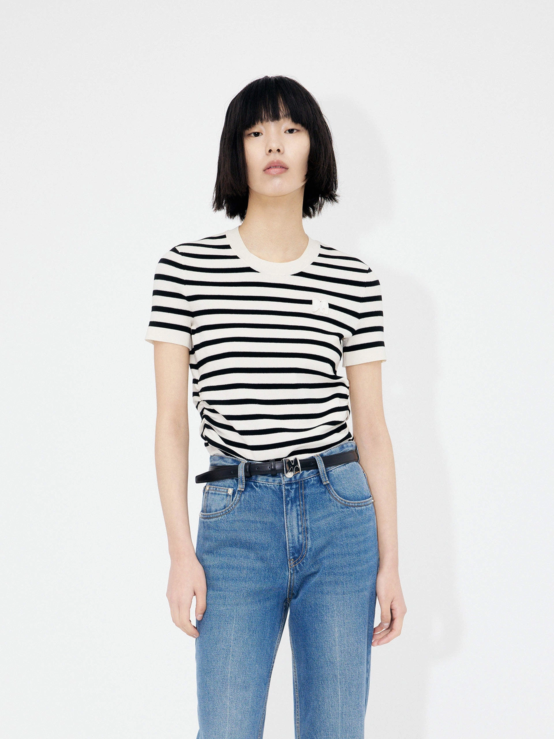 BreathableKnit Fabric HighElasticity Yarn Round Neck Striped Top