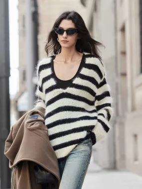 Casual Fashion Modern Knit Striped V-neck Fluffy Sweater