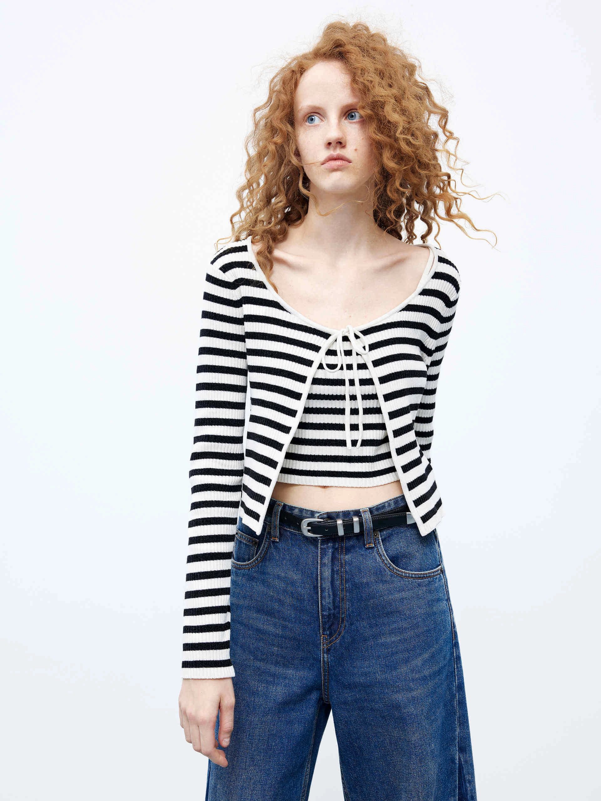 Striped Crop Cardigan Set Light Weight Office Friendly