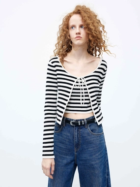 Rolled Cuffs Striped Crop Cardigan Set