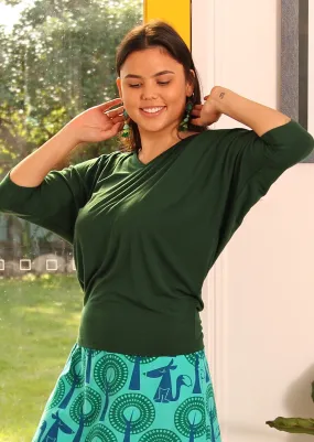 Beach Wear Rice 3/4 Sleeve V-neck Batwing Top Forest Green