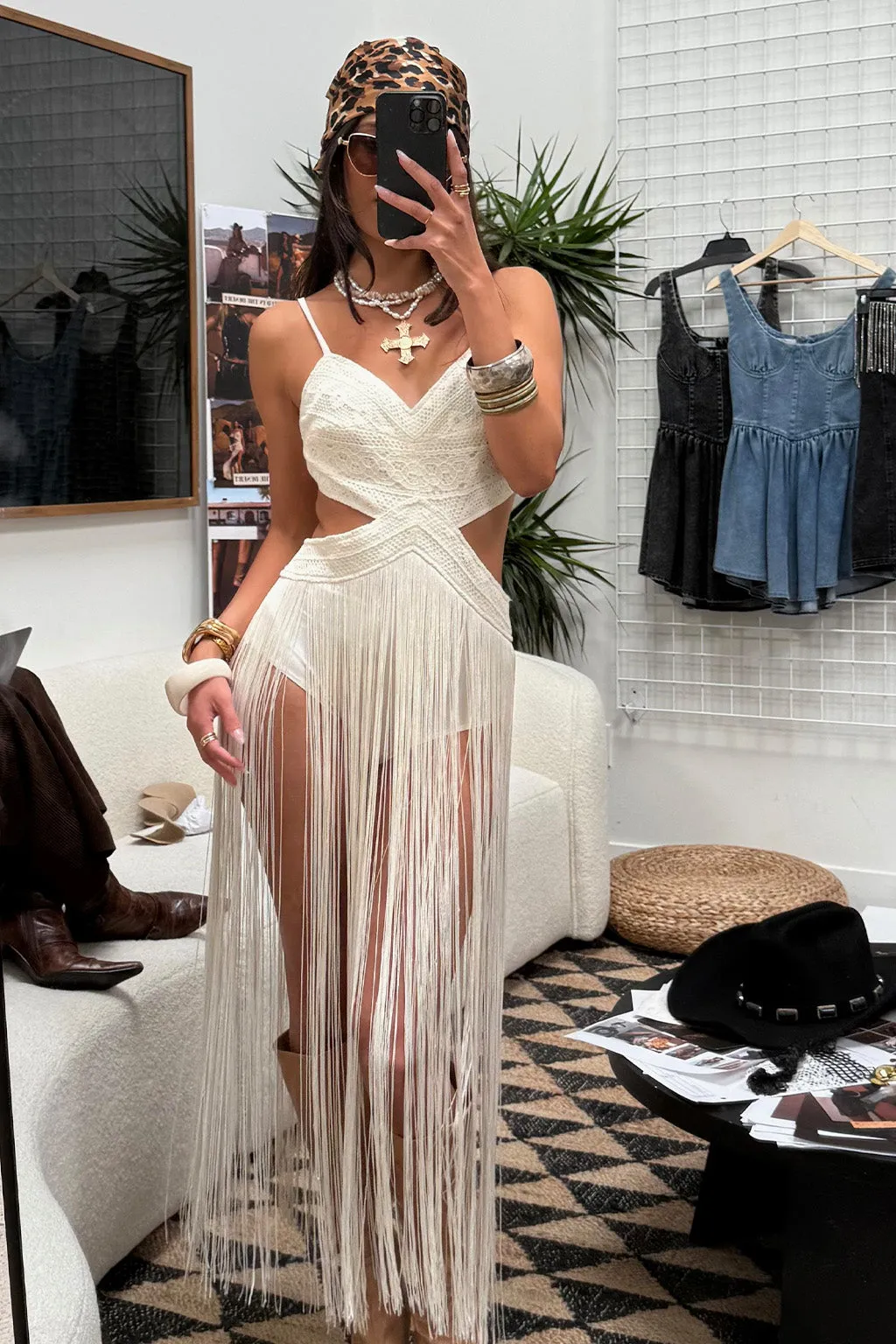 Wisteria Embroidered Ivory Fringe Bodysuit Sculpted Detail