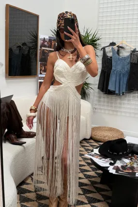 Wisteria Embroidered Ivory Fringe Bodysuit Balanced Look