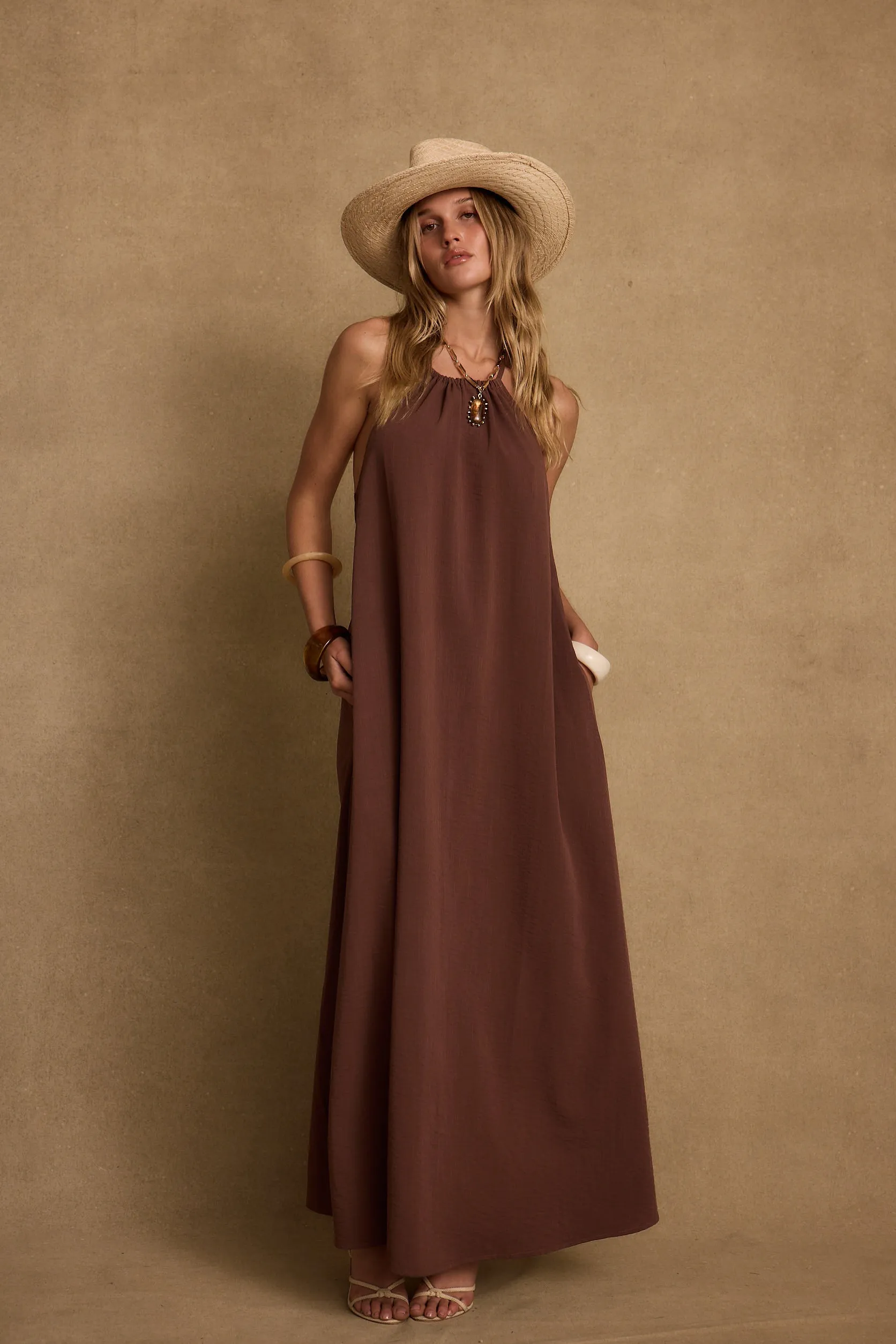 Shape Retention Sanctuary Mocha Linen Maxi Dress