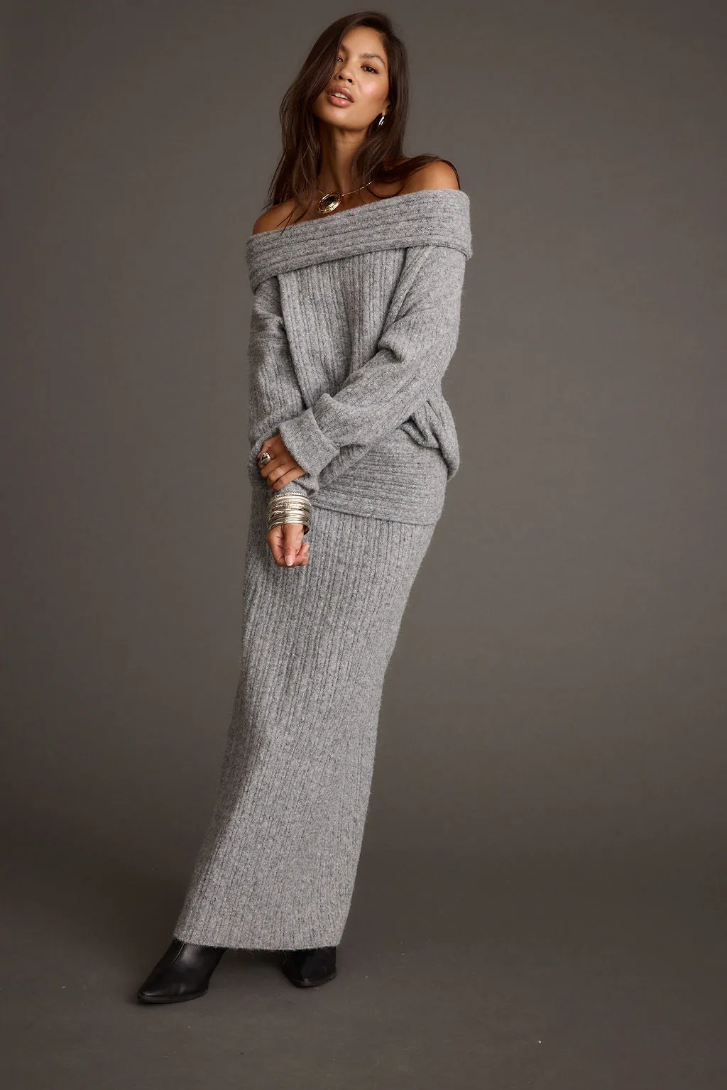 Wool blend Pamela Heather Grey Sweater Maxi Skirt