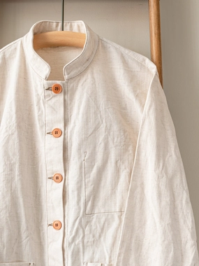 Wind Stop Smooth Flat Collar Summer Weight Painters Jacket / Ecru Cotton Linen Mix