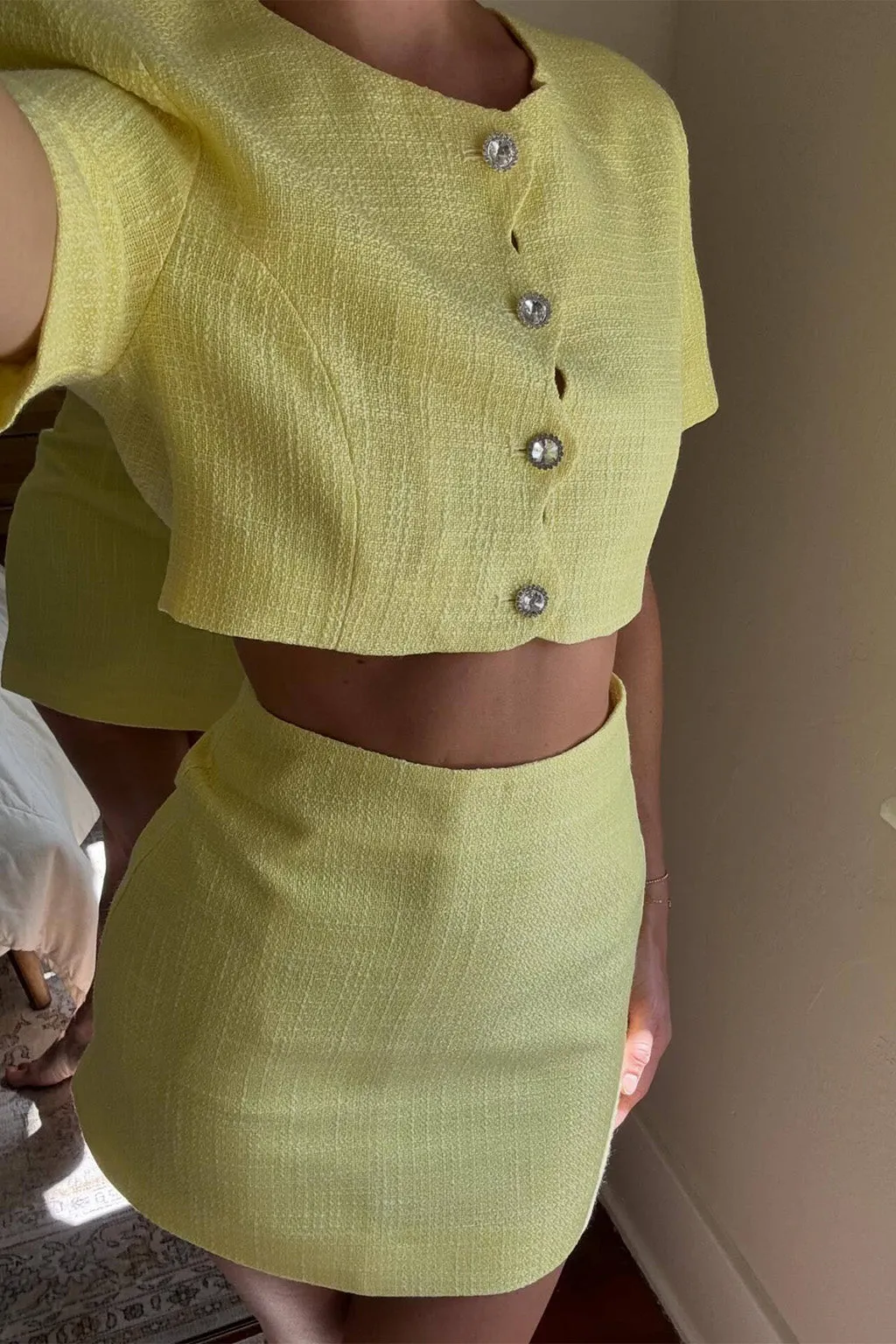 Sunday Yellow Cropped Jacket Bound Edges Hypoallergenic Textile