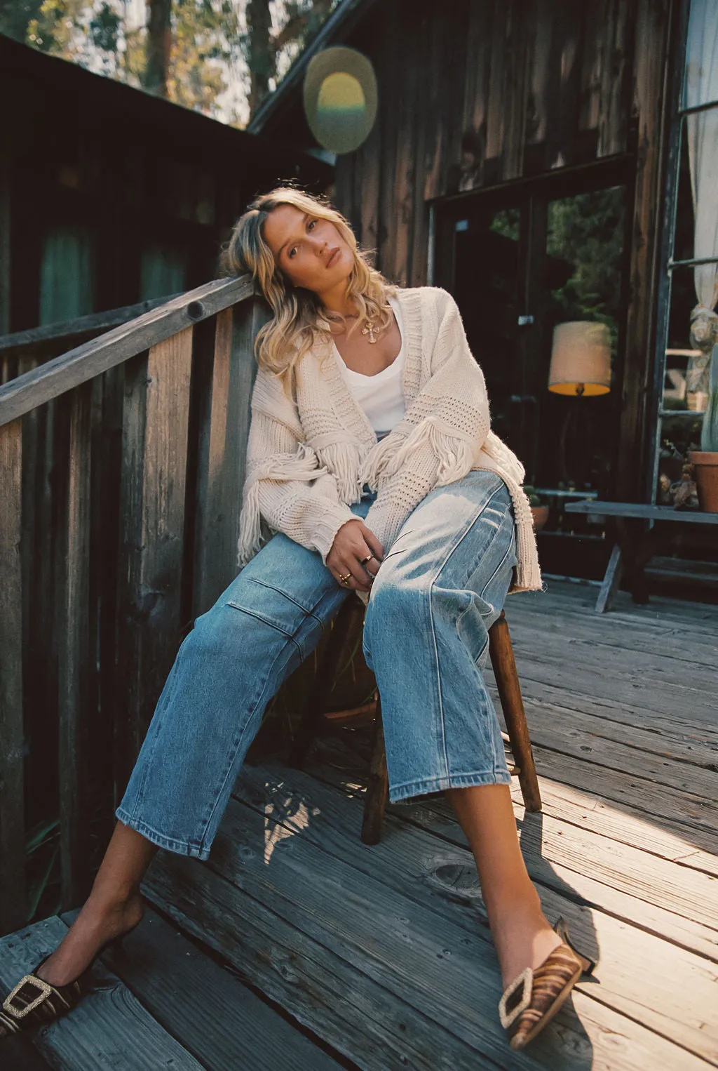 Sunny Beige Fringe Cardigan Reinforced Placket Closure