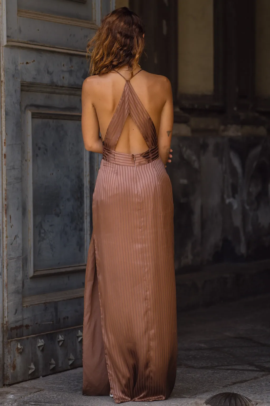 Roma Cocoa Striped Cutout Maxi Dress Sporty Look Smart And Comfortable