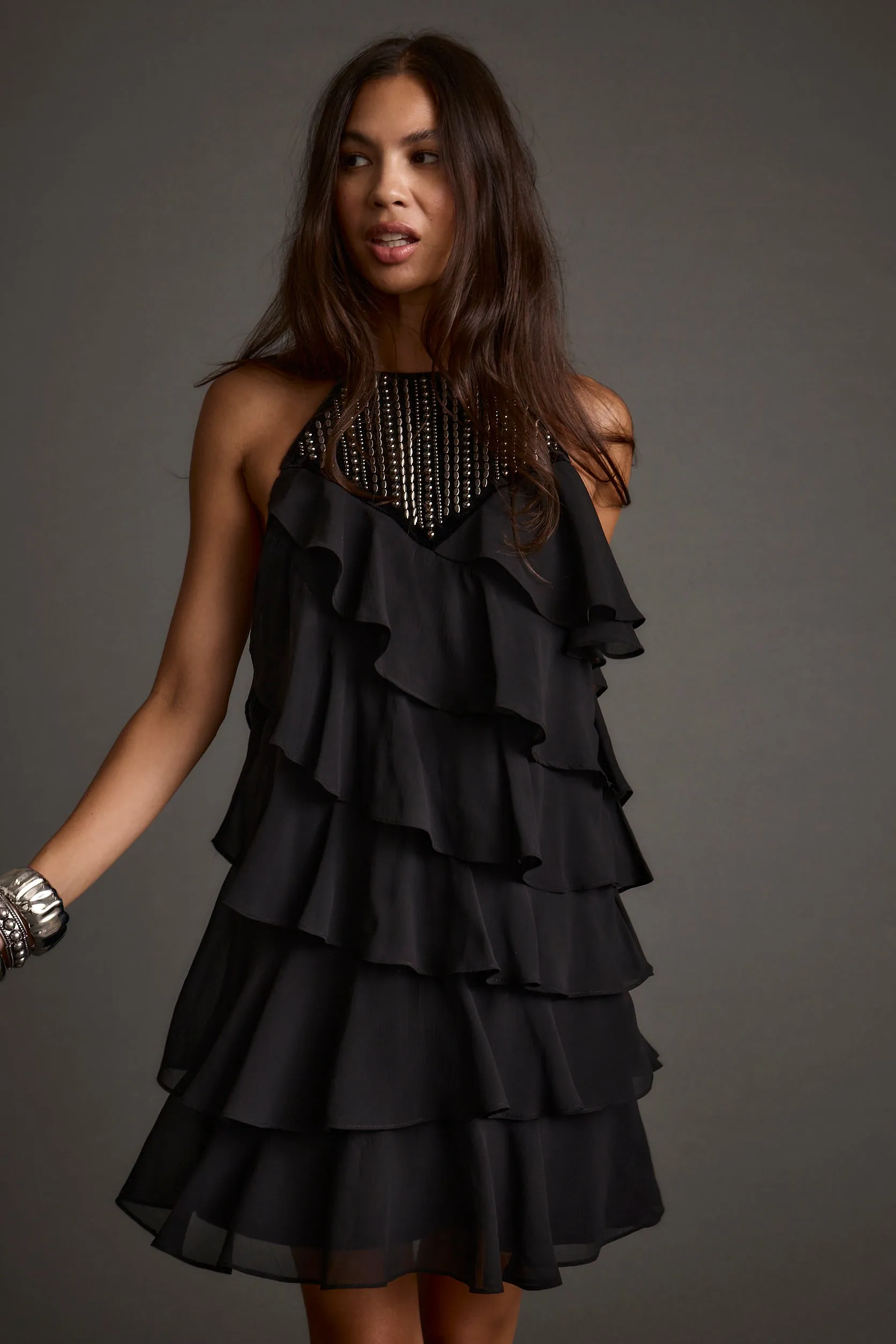 Vintage-Inspired Sutton Black Studded Mini Dress